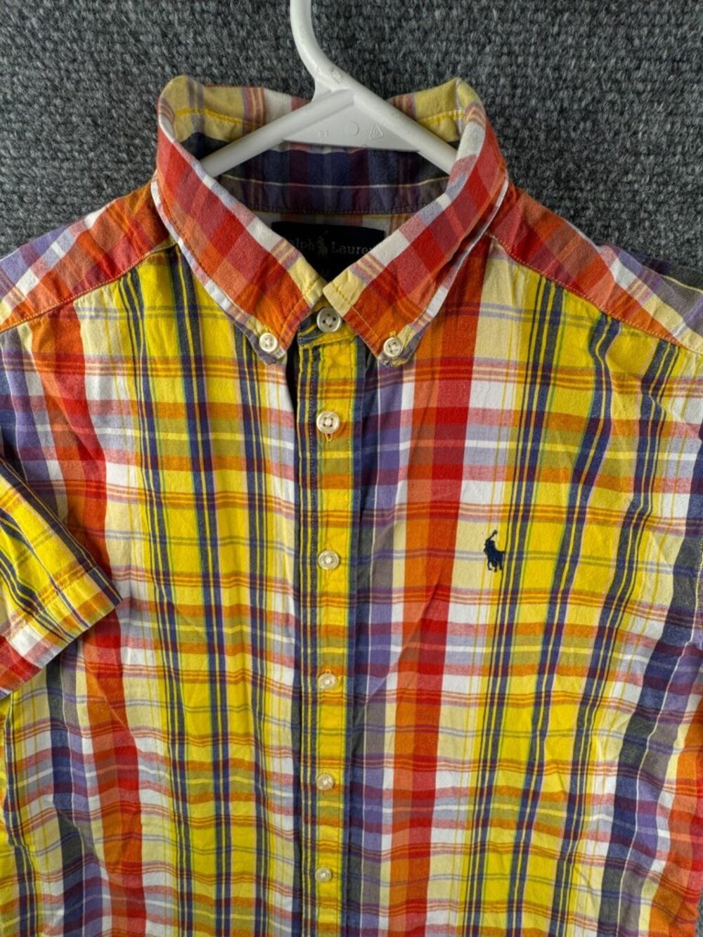 Ralph Lauren Boys Size Medium Button Up Shirt Short Sleeve Yellow Orange Plaid